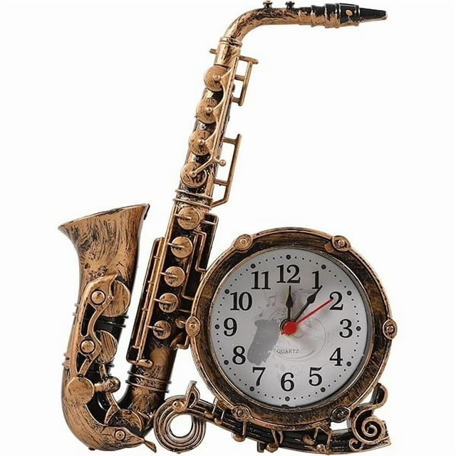 wonima44 VOSAREA Vintage Clock Decorative Saxophone Shape Clock Retro Saxophone Figurine Table Time for Home Bedroom Office Desktop Decoration