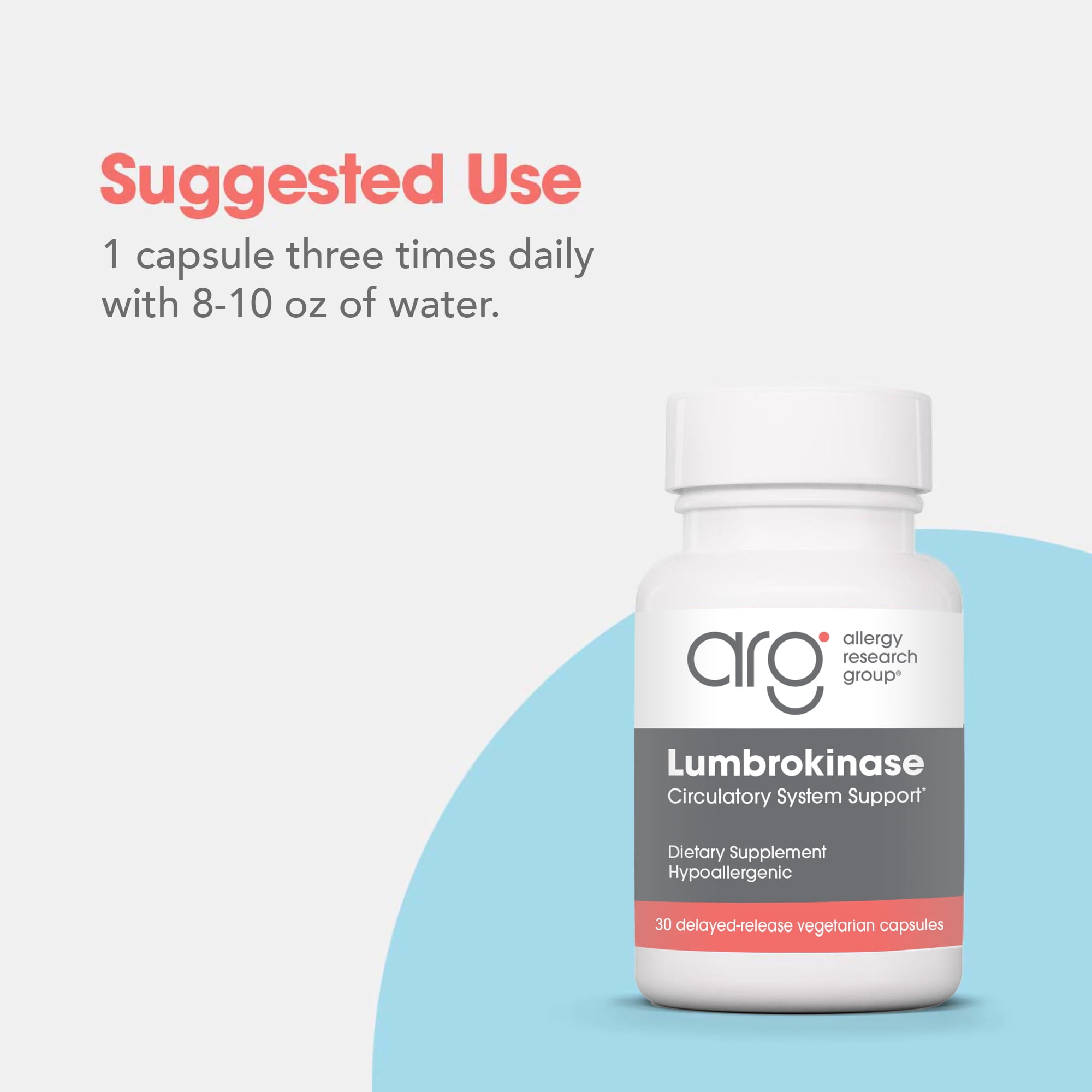 ARG Lumbrokinase - 32 mg Lumbrokinase - Circulatory System Support - Delayed-Release Capsules - Gluten-Free & Non-GMO - 15 Servings - 30 Capsules