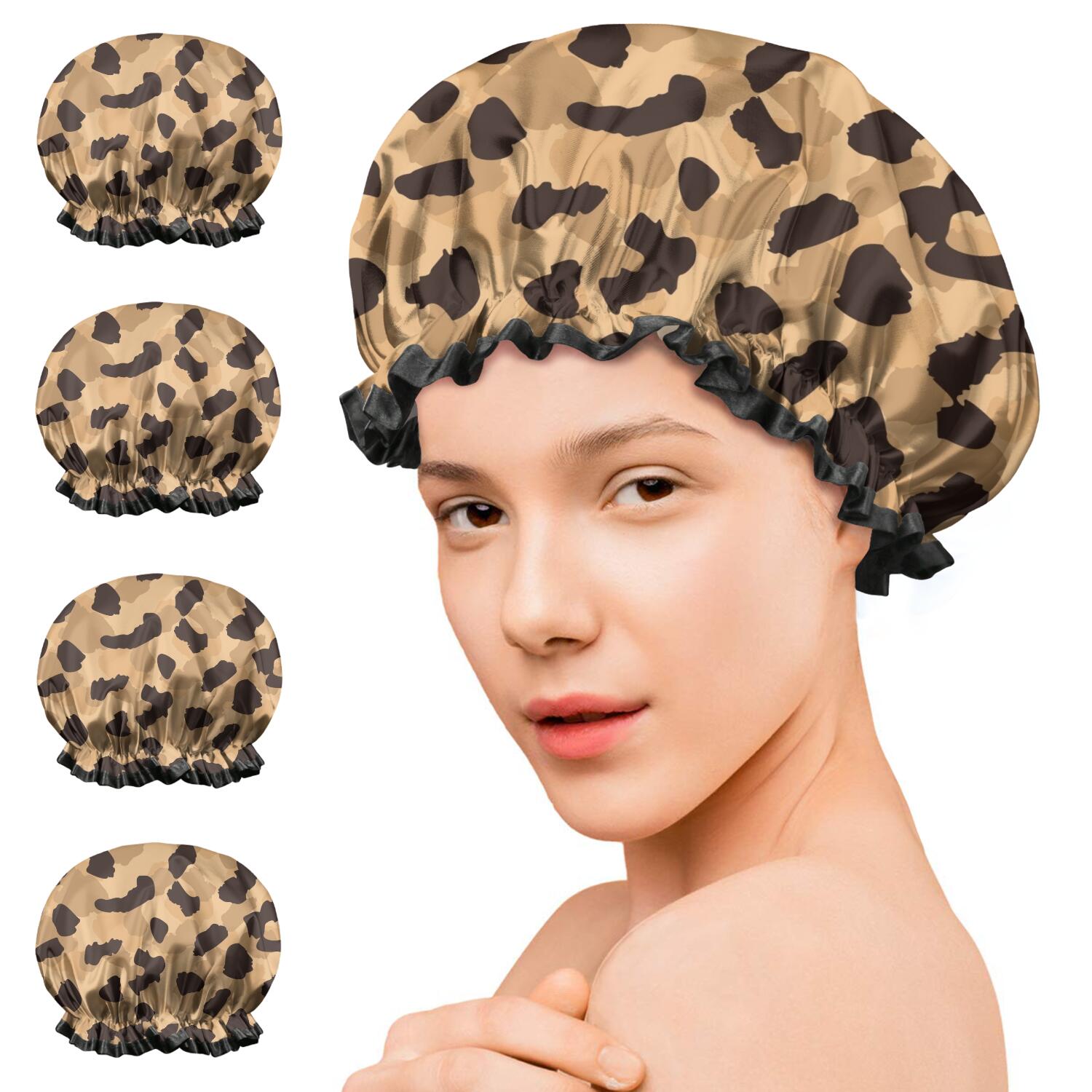 Shower Caps,Beige and Black Leopard Pattern Waterproof Shower Cap for Women 4 Pieces,Double Reusable Hair Cover for Shower PEVA Elastic Stretch Hem