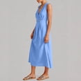 thumbnail image 5 of Robes d'Invitée de Mariage pour Femmes Élégantes en Lin Robe Maxi Sans Manches à Col en V à Double Boutonnage Fluide Décontractée Taille Haute Évasée Robe d'Été avec Poches Bleu TTG, 5 of 5