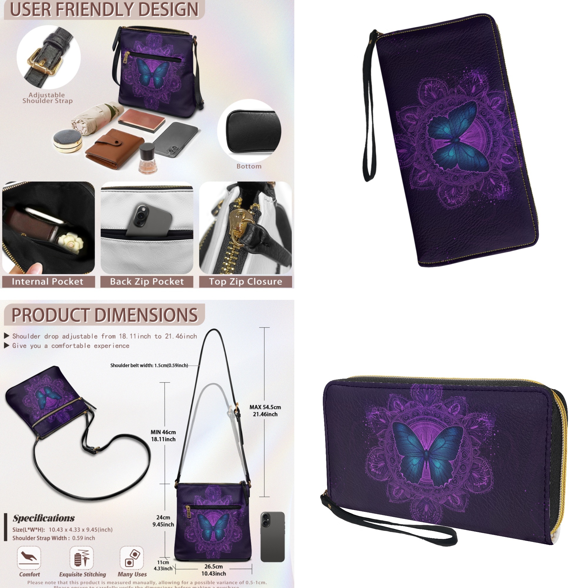 ZUXONGSY Boho Mandala Butterfly Print Women's PU Leather Crossbody Satchel & Wallet Set, Spacious Hobo Purse with Adjustable Strap for Work & Travel
