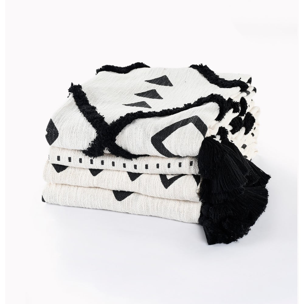 LR Home and Evette Rios Cream and Black Chevron Stripe Cotton Throw Blanket, 50" x 60"