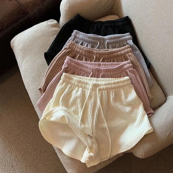 Asxite Womens Pajamas Solid Textured Drawstring High Waist Shorts Thin Loose Home Sleep