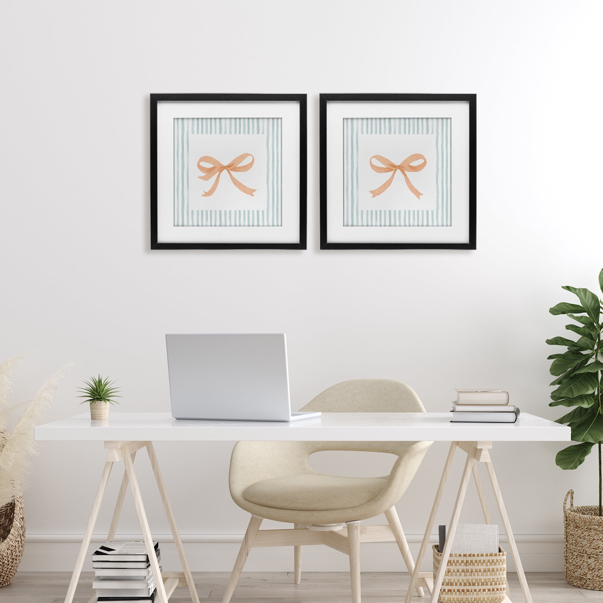 Stupell Industries Orange Bows and Blue Stripes 2 Piece Black Framed Print Under Glass Set, design by Patricia Pinto
