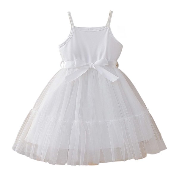 Vestido de Fiesta de las Niñas Color Sólido Suspender Malla Superposición con Cinturón Casual Fluy A-Line para Niños Fotos de Vacaciones Primavera Verano