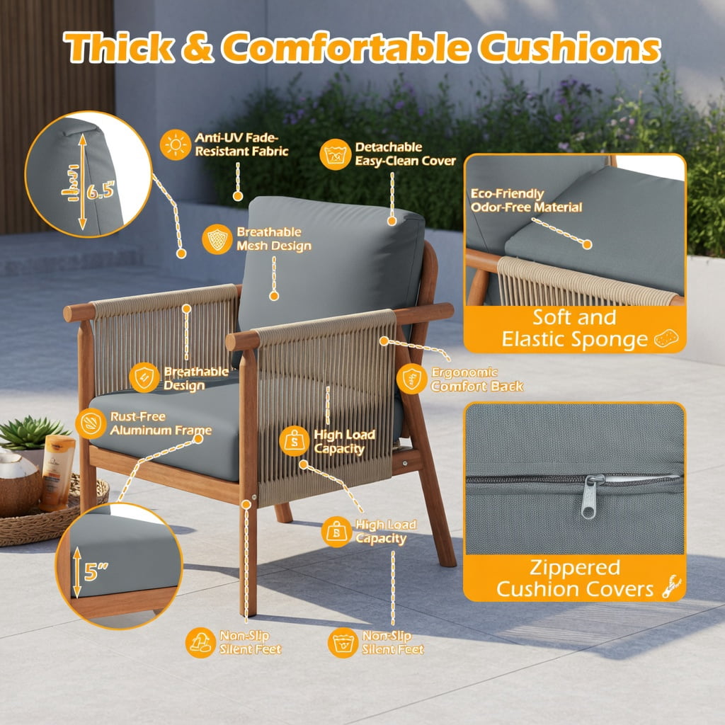 Hommoo Acacia Wood Patio Chair with Woven Rope Armrests, Ergonomic Outdoor Dining Chair for Backyard, Balcony, Porch, Gray