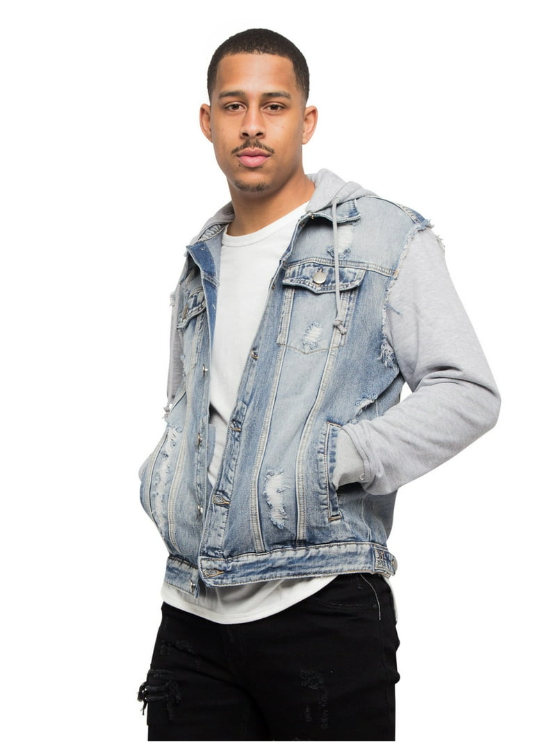 Victorious Men's Distressed Fleece Hoodie Sleeve Denim Jean