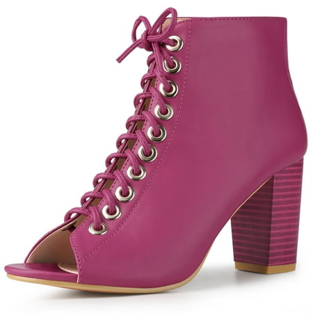 

Unique Bargains Women s Lace Up Peep Toe Back Zipper Chunky Heel Ankle Boots Hot Pink 6.5