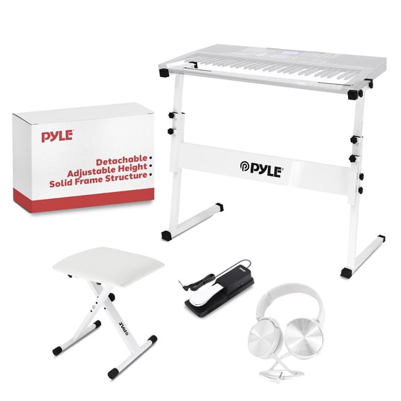 Heavy-Duty Keyboard Accessories - Includes Z Shape Keyboard Stand, Headset, Keyboard Stool, Microphone Stand, and Sustain Pedal (White)