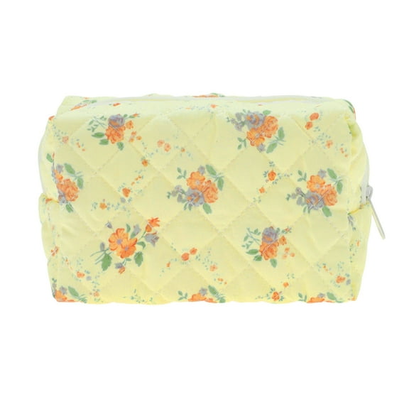 Unique Bargains 1 Pc Floral Quilting Makeup Bag for Travel Vacation Yellow Orange Polyester