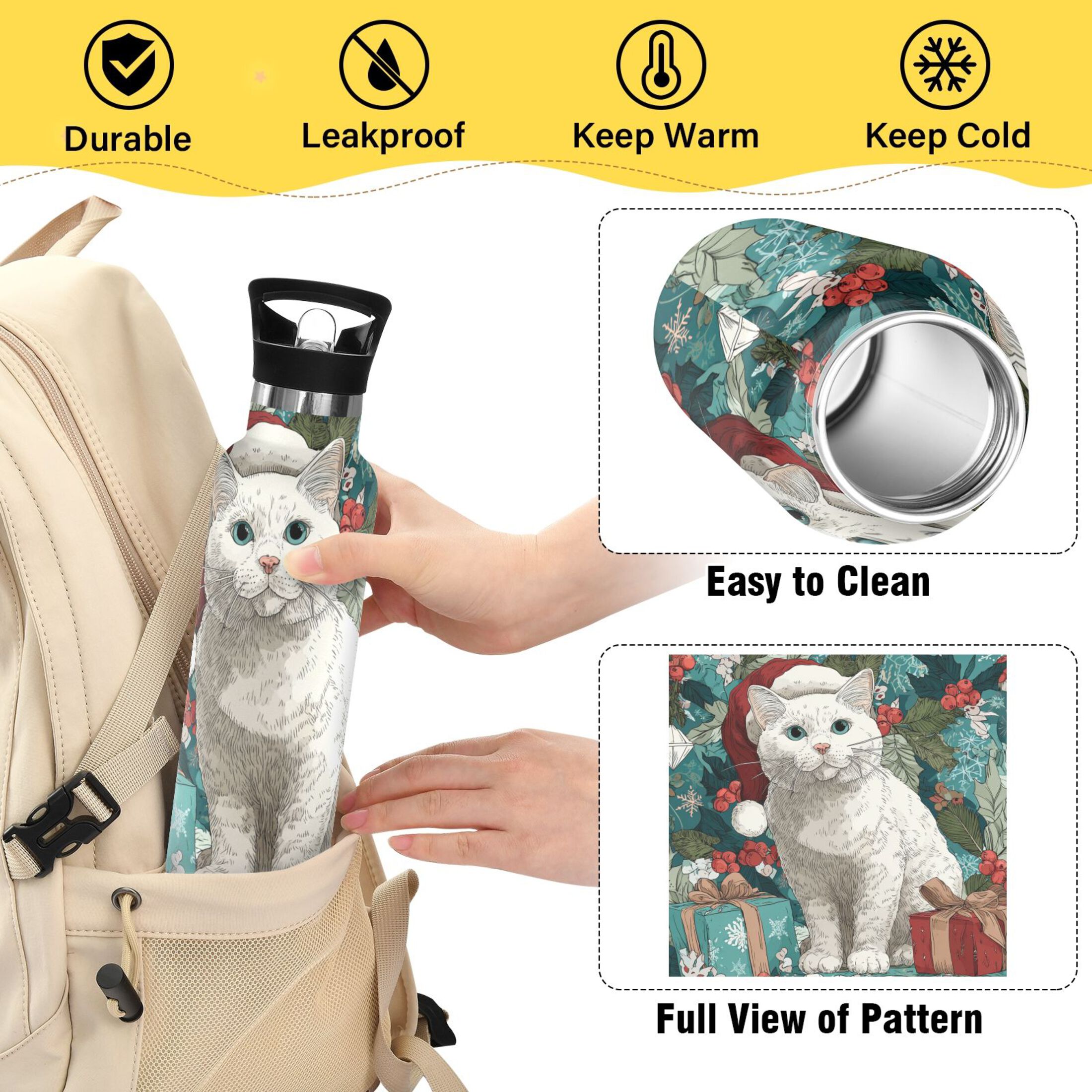 600ML Stainless Steel Insulated Cup Sports Water Bottle Portable Thermos Cup Water Glasses Insulated Tumblers Convenient and Durable Warm Christmas White Cat