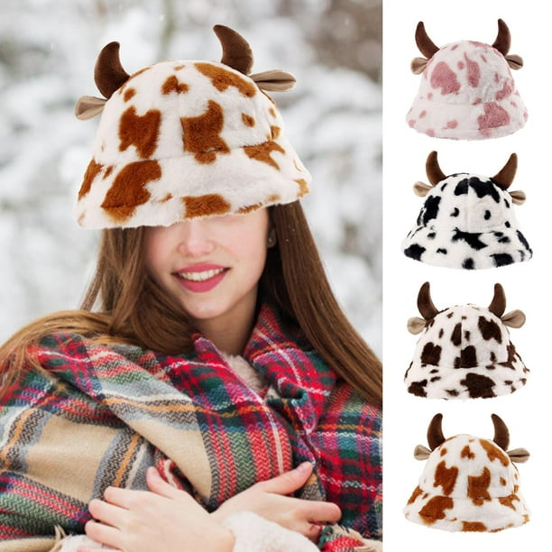 Cow Print Bucket HatPlush Bucket HatFuzzy Bucket Hats for Women Cow