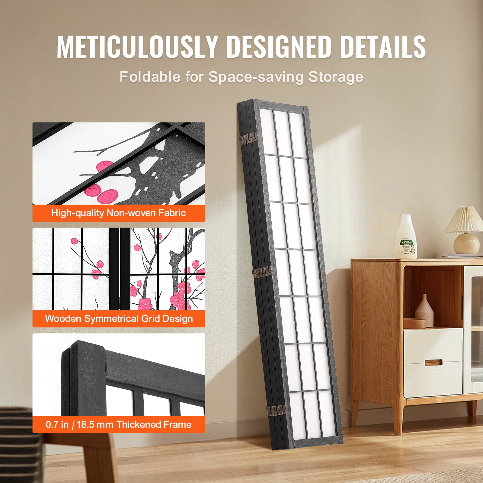 KFFKFF Partition Screen, 6-Section Indoor Privacy Barrier, Foldable Wooden Room Separator, Japanese-Style Portable Decorative Divider, Ideal for Living Space, Workspace, Dining Area