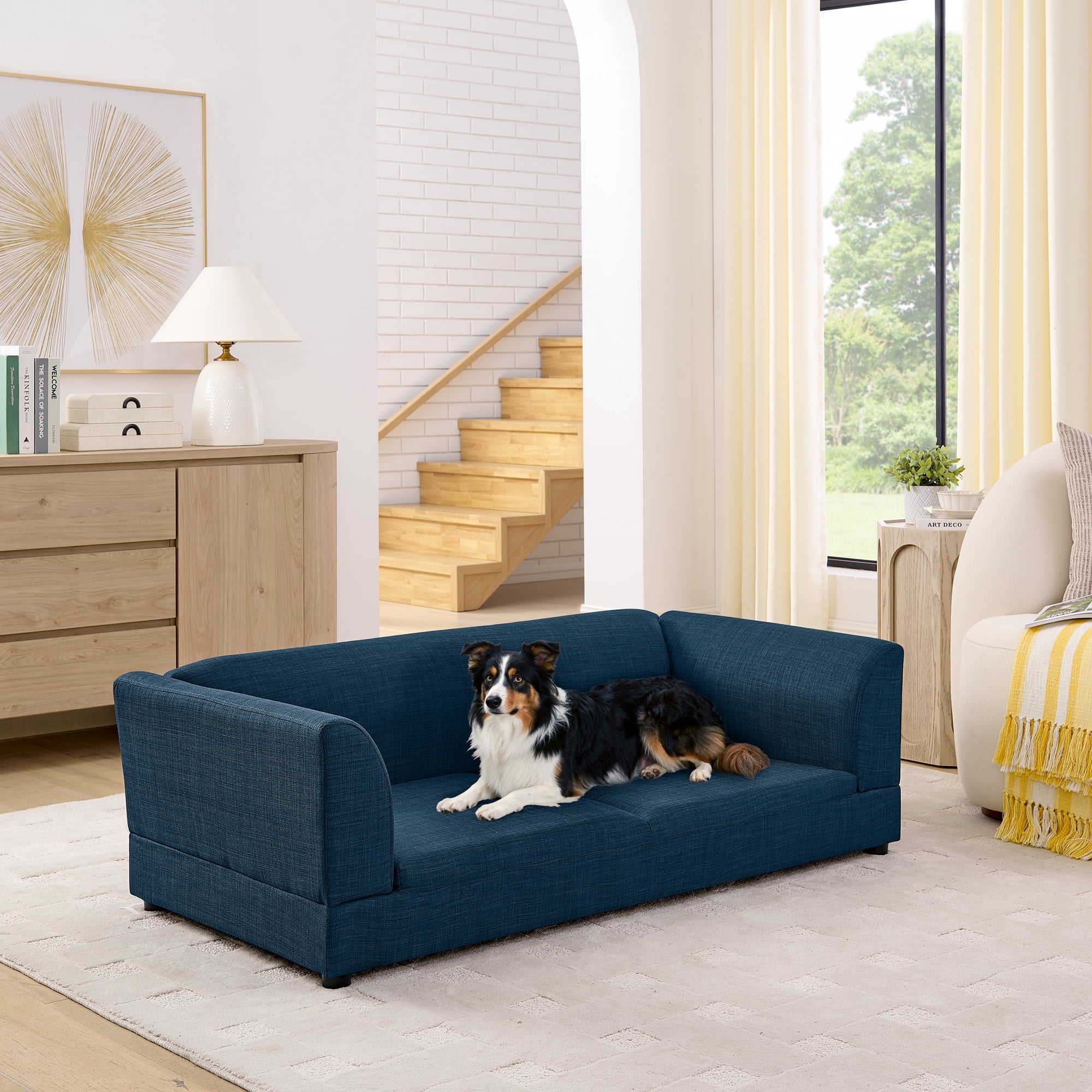 Oversized Pet Sofa for Medium/Large Dogs, Modern Rectangular Design with Backrest, Armrests & Soft Cushion, Dark Blue (56.5"*26"*17")