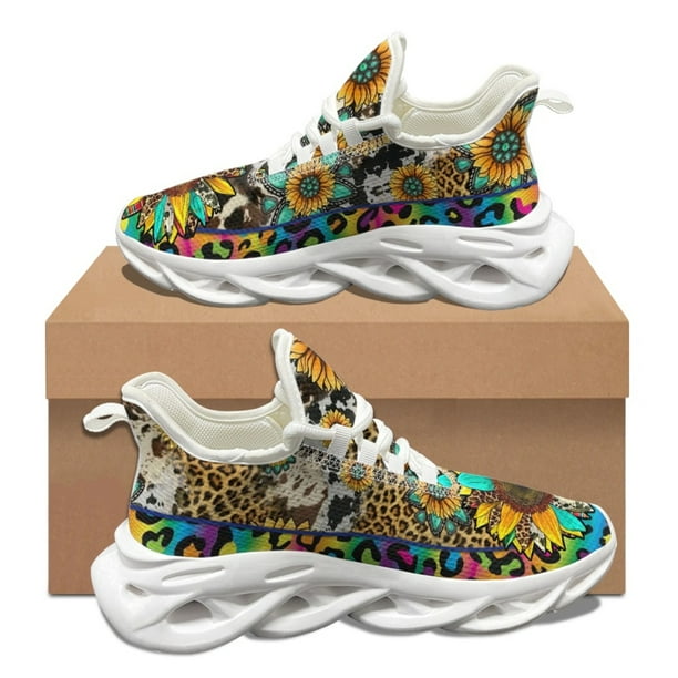 Zapatillas deportivas para correr con estampado de leopardo y girasol en color rosa, cómodas y salvajes para hombre, zapatillas de plataforma con suela suave de alta calidad para mujer
