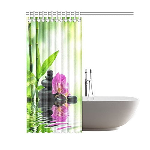 GCKG Japanese Zen Garden Shower Curtain, Spa Stone Purple Orchids Bamboo Water Polyester Fabric