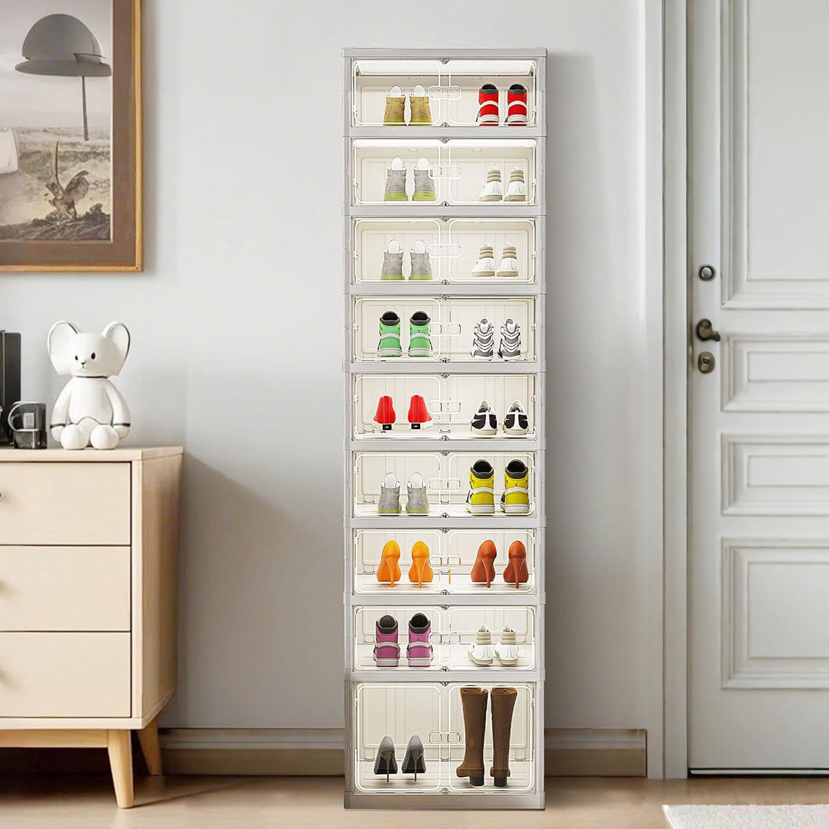 Foldable Storage Box, No Assembly Stackable Shoe Organizer Storage Bin With Magnetic Doors, Clear Collapsible Plastic Shoe Rack Shoe Cabinet