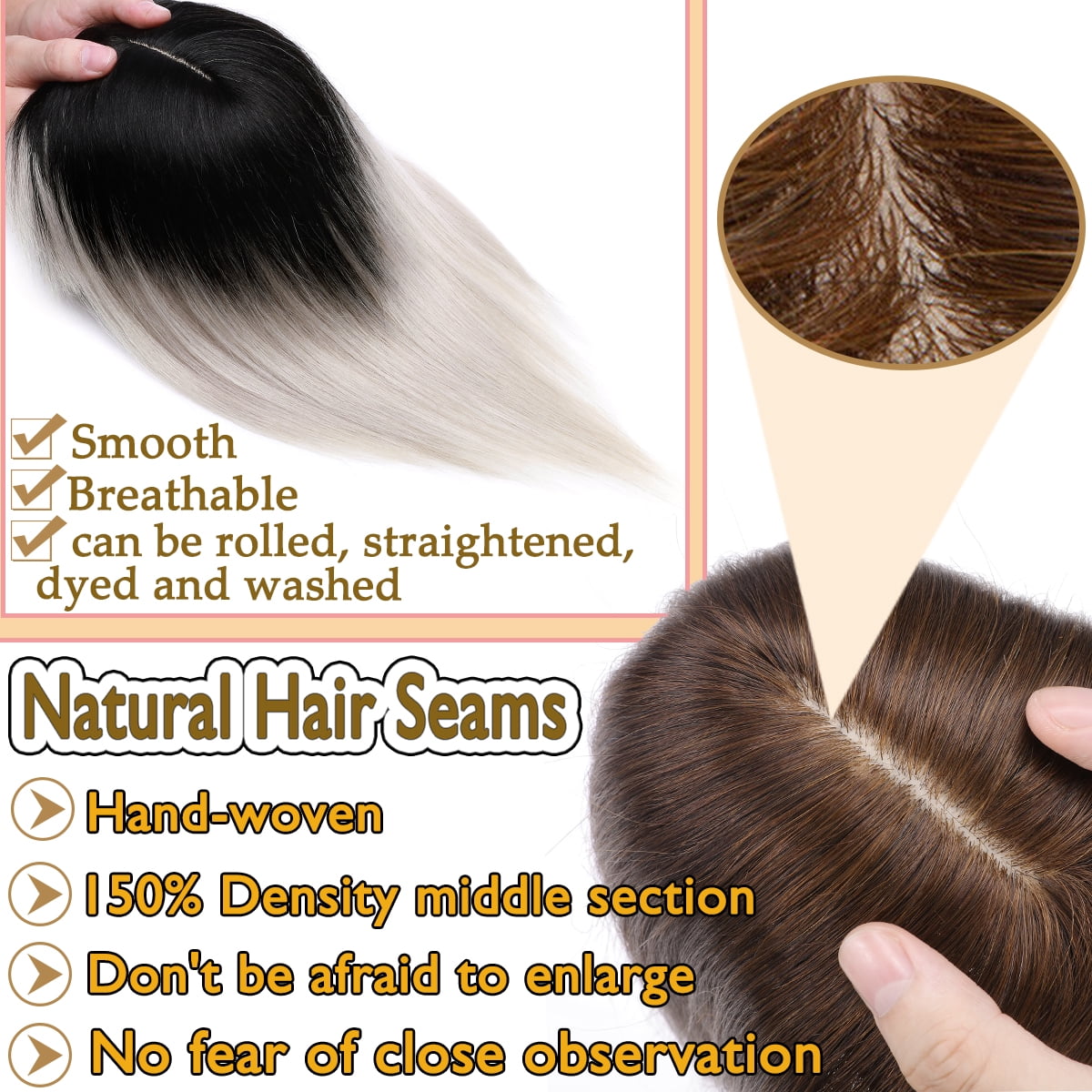 HAIRRO Hair Toppers Clip In 100% Human Hair Extensions with Bangs Upgrade Hair 150% Density 7*13CM Silk Base Clip in Hair Pieces For Women With Thinning,Hair Loss Cover Gray Hair