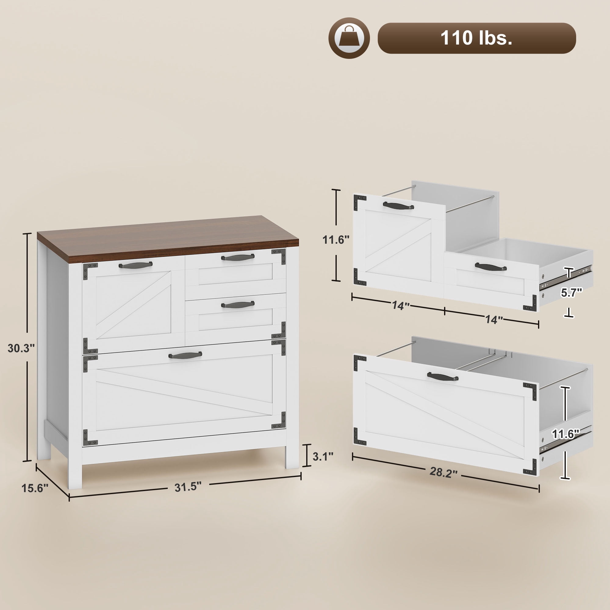 HOMCOM 4 Drawer File Cabinet, Farmhouse Lateral Filing Cabinet with Adjustable Hanging Rails for Letter/A4/Legal Size Files, Printer Stand, White