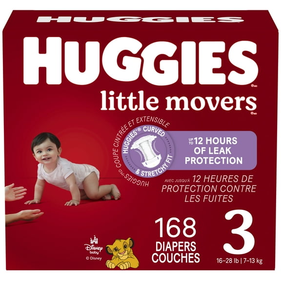 Couches pour bébés Huggies Little Movers,paquet Economique, taille 3 (16 à 28 livres), 168 couches