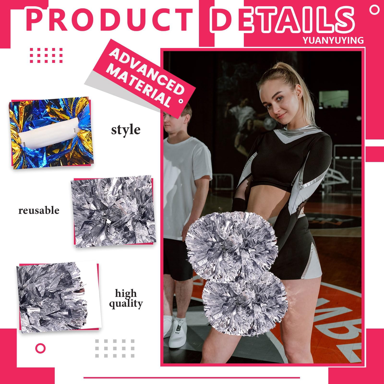 Pom Poms Cheer 18 Pcs with Handle, Cheerleading Handheld Squad Pompoms for Sports Team Spirit Games Dance Party Adults