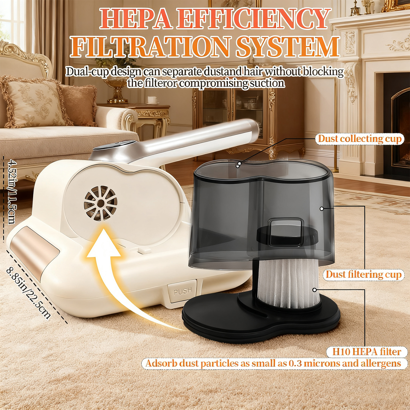 Cordless Mattress Vacuum Cleaner, 253.7nm UV-C Light, 1kPa Strong Suction, 8000 Rpm Double Tapping, Dual Dust Collector, Wide Suction Port for Bed & Pet Hair