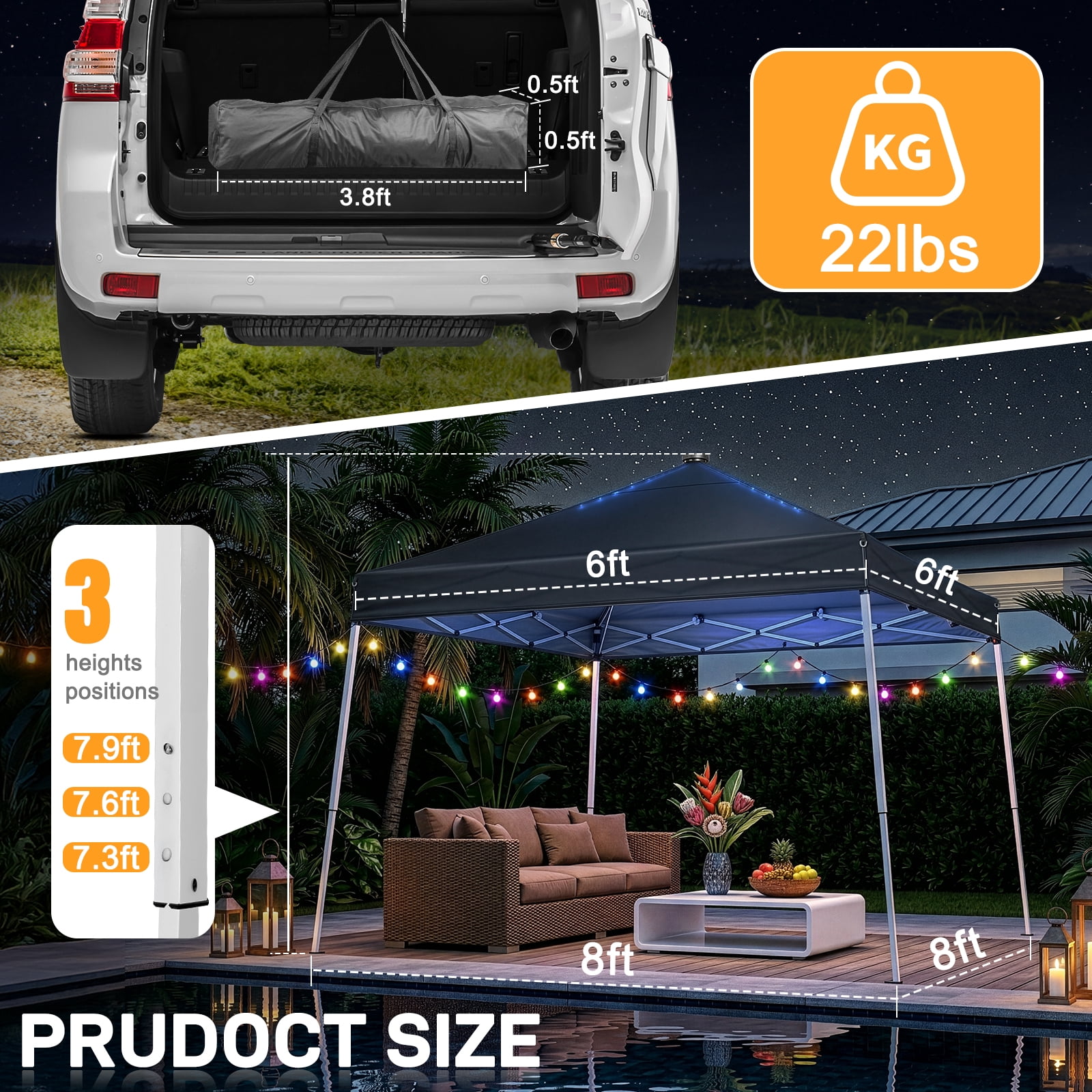 Ktaxon, 10x10 Ez Pop Up Canopy Tent, UPF50+, Built-in LED Lights
