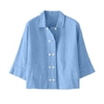 thumbnail image 6 of Summer Casual Beach Linen Blend 3/4 Sleeve Collared Double Button Tops Womens Loose Cropped Cardigan Blouses, #02 Light Blue, S, 6 of 7