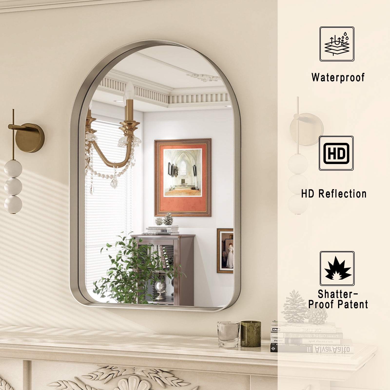 Gleamira 20"x30" Arched Bathroom Mirror Rounded Corner Vanity Wall Mirror with Deep Frame, Silver