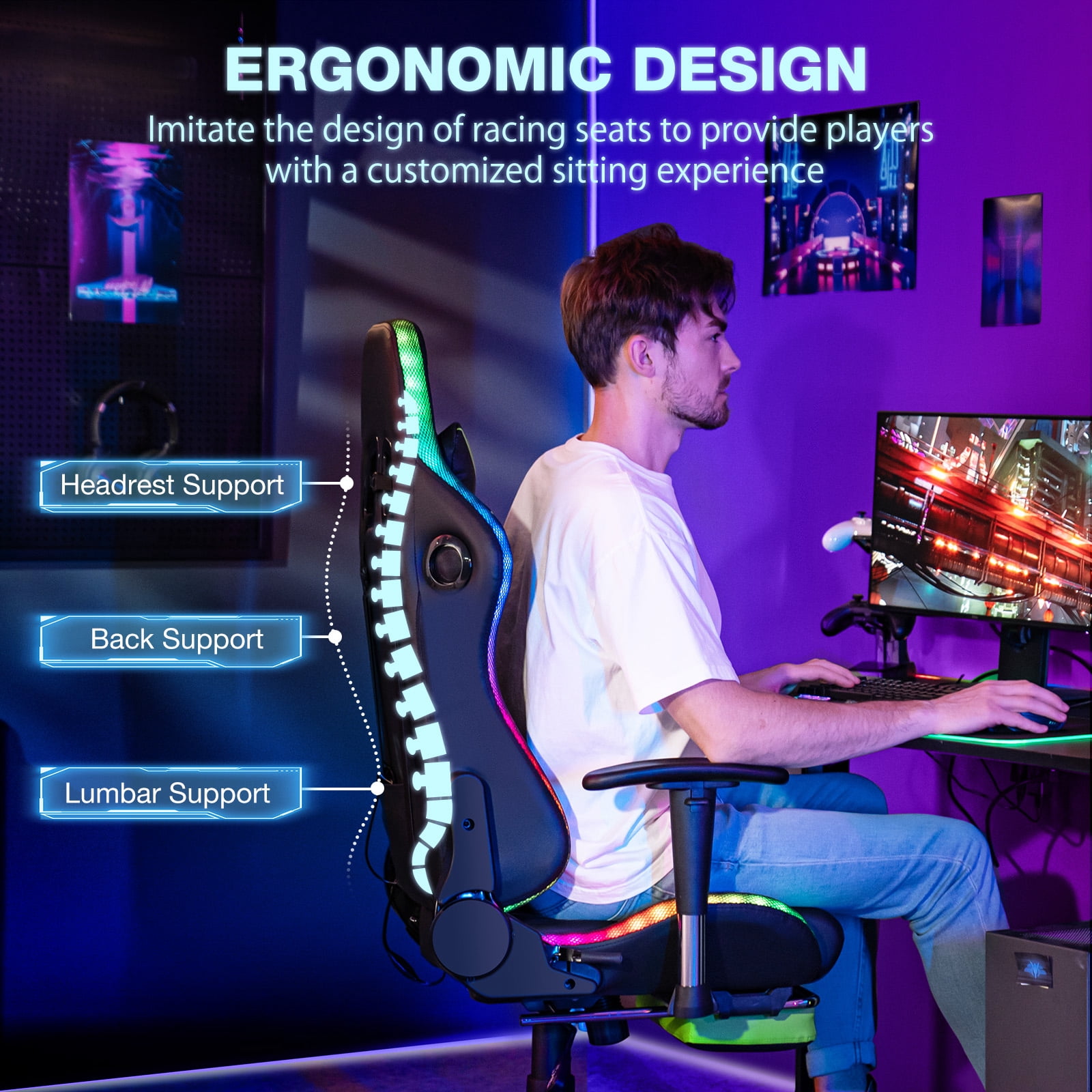 Hoffree Gaming Chair with Speakers Gamer Chair with Footrest and Massage Reclining Video Game Chair with Led Lights and Swivel Seat and Headrest and 2D Armrests for Adults