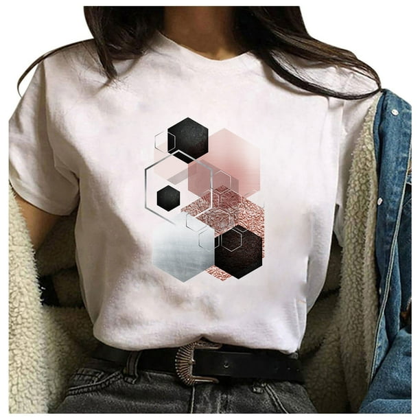Puntoco Camiseta suelta de cuello redondo para mujer con estampado gráfico geométrico de moda para mujer Puntoco Puntoco-45
