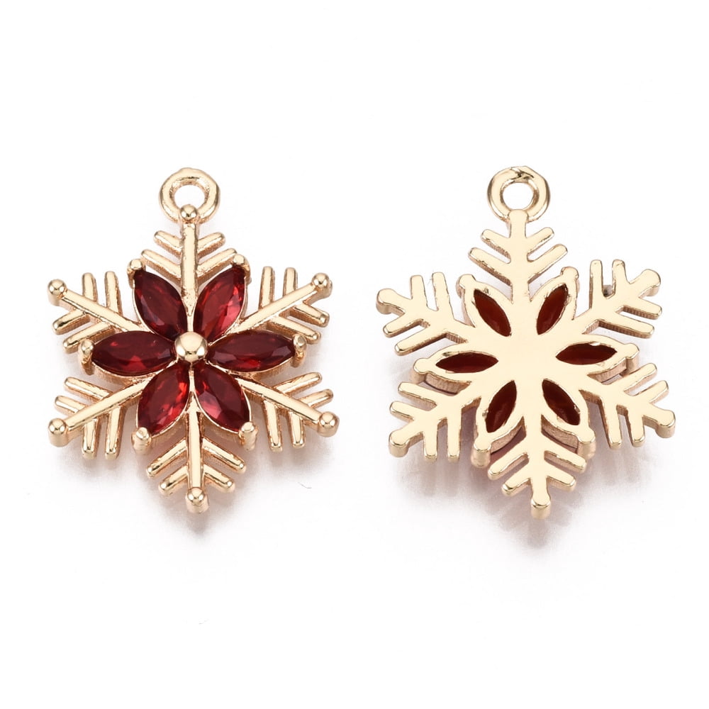 50 pc Christmas Brass Glass Pendants Long-Lasting Plated Snowflake Light Gold Red 21x16x3mm Hole: 1.6mm DIY