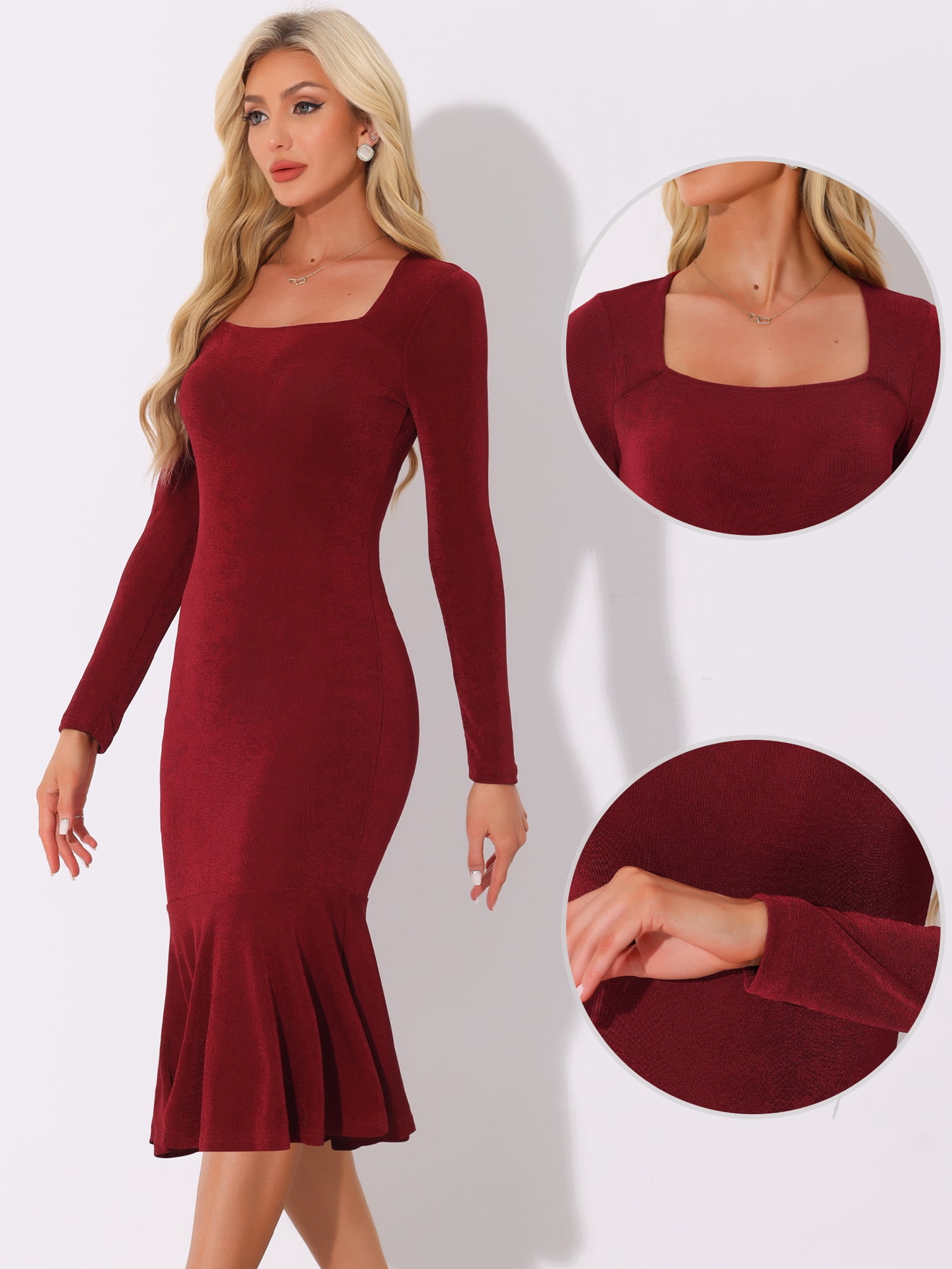 DARING DIVA Long Sleeve Midi Square Neck Bodycon Dress M Wine Red