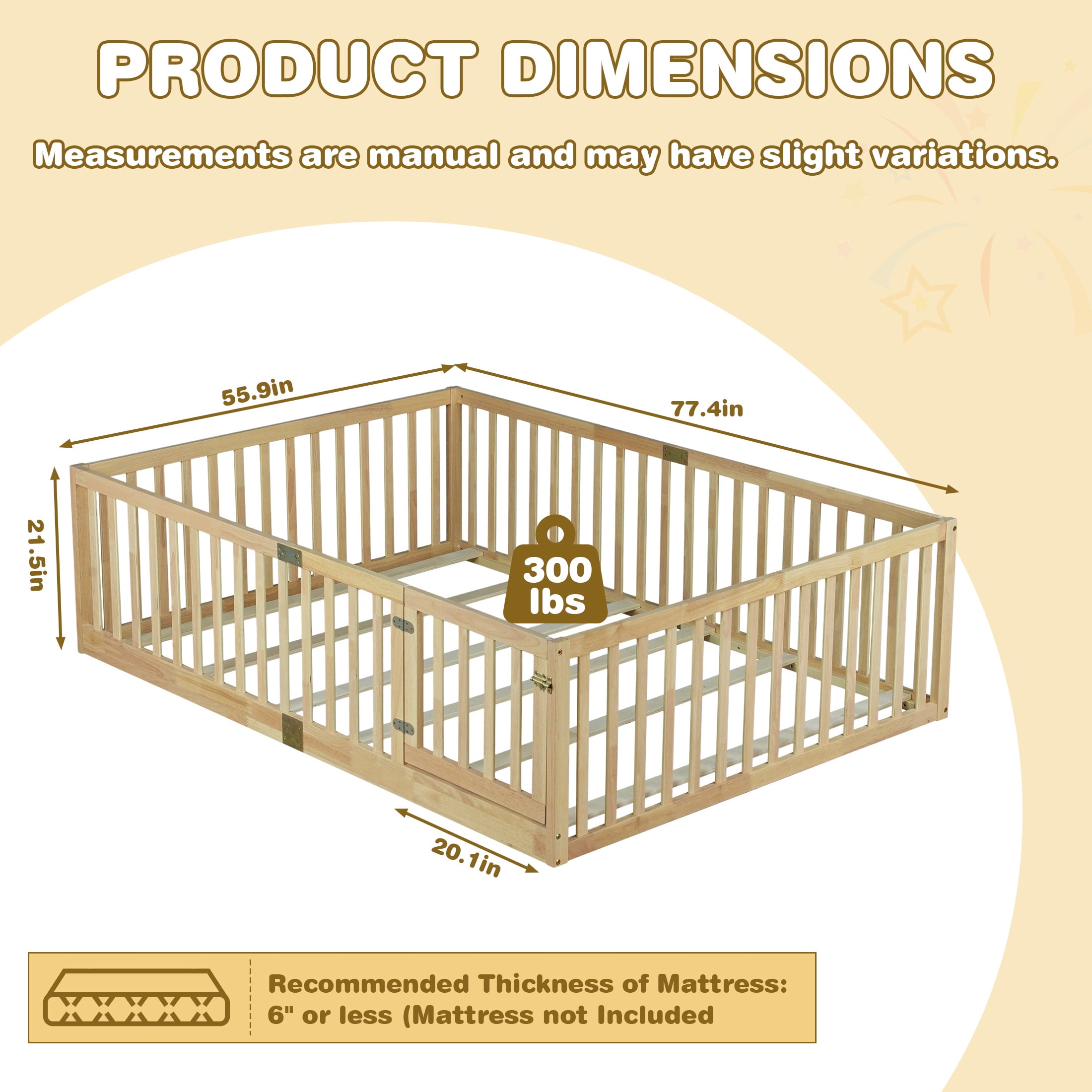 PORKISS Full Size Floor Bed with Door and Fence, Twin Size Bed Frame with Bed Slats, Sturdy Wood Floor Bed for Kids, Boys, Girls, Montessori Bed Frame, Natural