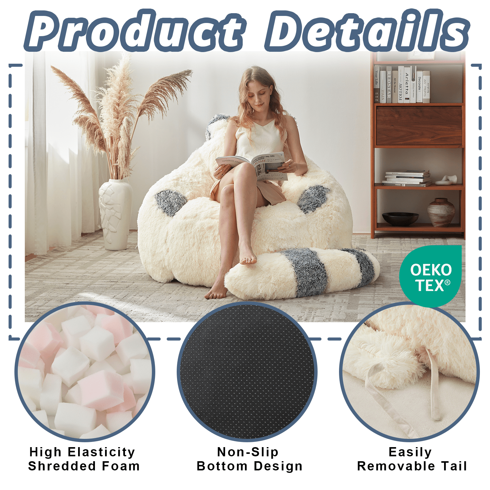 Ebenchico 3.7ft Raccoon Shaped Bean Bag Chair for Adults Teens Kids, Large Beanbag Chairs for Reading Gaming Relaxing, Beige