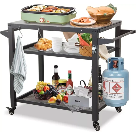 Total Outdoor 3-Shelf Grill Table, Wheeled Grill Cart, Outdoor Pizza Oven & Food Prep Table, Galvanized Steel Top with Tank Hook, Griddle Stand for Blackstone Griddle BBQ Outdoors