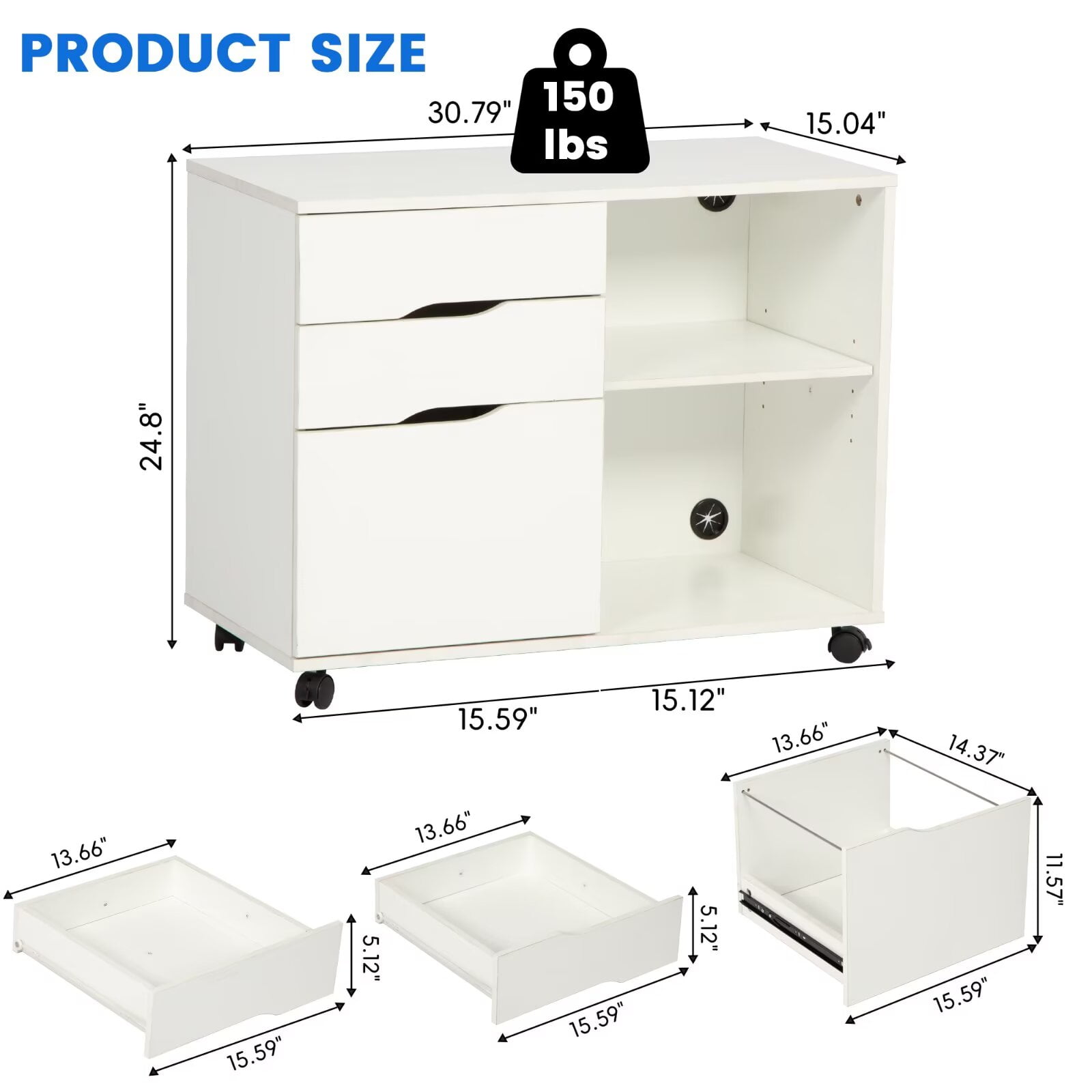 YRLLENSDAN Rolling File Cabinet with Shelves, Wooden Storage Cabinet with 3 Drawers, Lateral Printer Stand with Storage for Home office, White