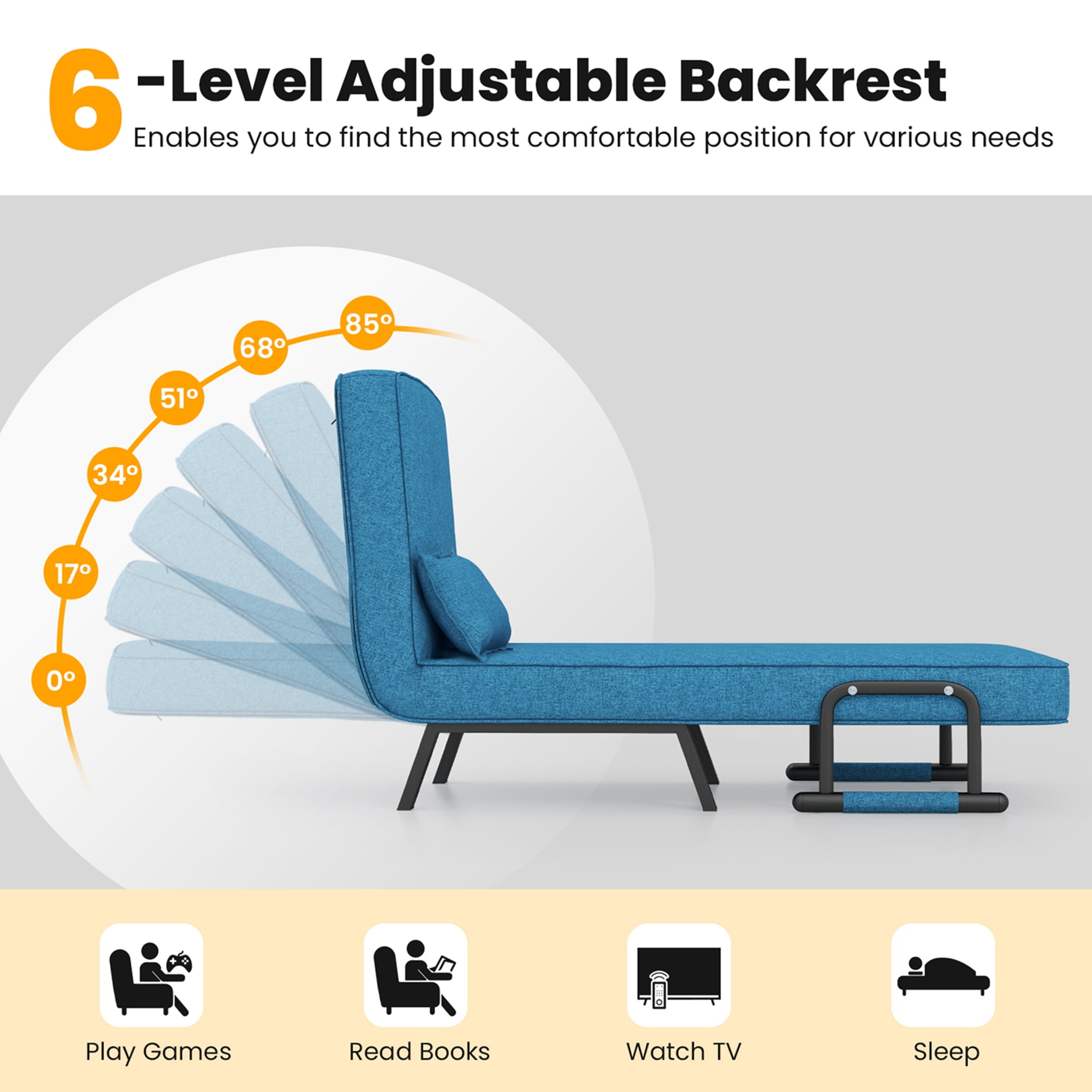 Costway Folding 5 Position Convertible Sleeper Bed Armchair Lounge Couch w/ Pillow Blue
