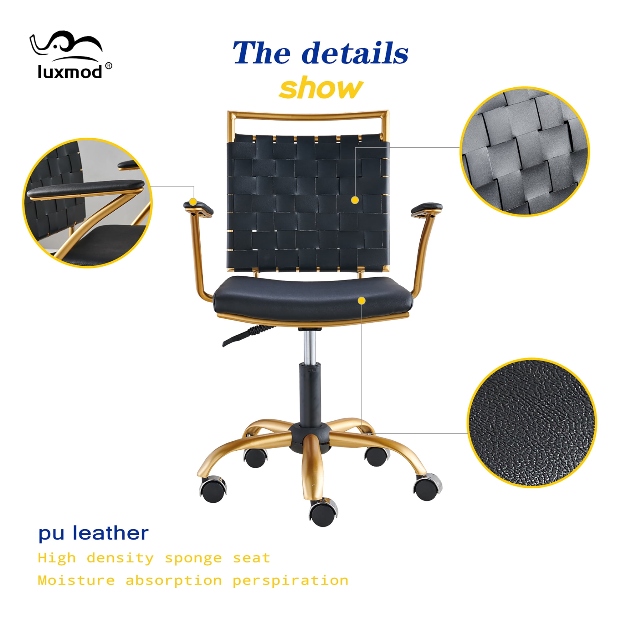 CAROCC Home Office Desk Chair Task Chair with Armrest Adjustable Swivel Chair in Durable Vegan Leather Gold Office Chair Ergonomic Desk Chair for Extra Back & Lumbar Support