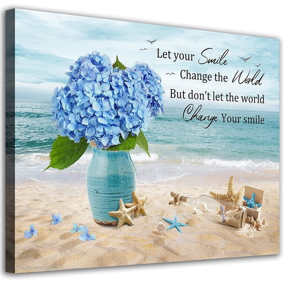 Flower Canvas Wall Art Ocean Beach Canvas Pictures Bathroom Wall Decor Blue Hydrangea Floral in Vase Prints Conch Starfish Coastal Painting Artwork for Living Room Bedroom Office Framed 12" x 16"