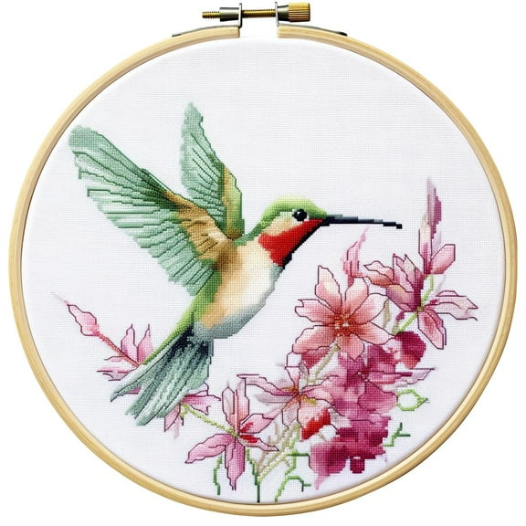 Hummingbird Round Shape Stamped Cross Stitch Kits for Beginners Easy with Hoop 11CT Needlepoint Embroidery DIY Counted Cross Stitch Kits Art Craft Wall Decor 35x35cm(1)