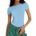 thumbnail image 4 of FUYUDY Women Tshirts Casual Ribbed Knit Slim Fit Short Sleeve T-Shirt Basic Solid Color Crew Neck Tee Tops For Daily Wear Birthday Female Dailywear, 4 of 7