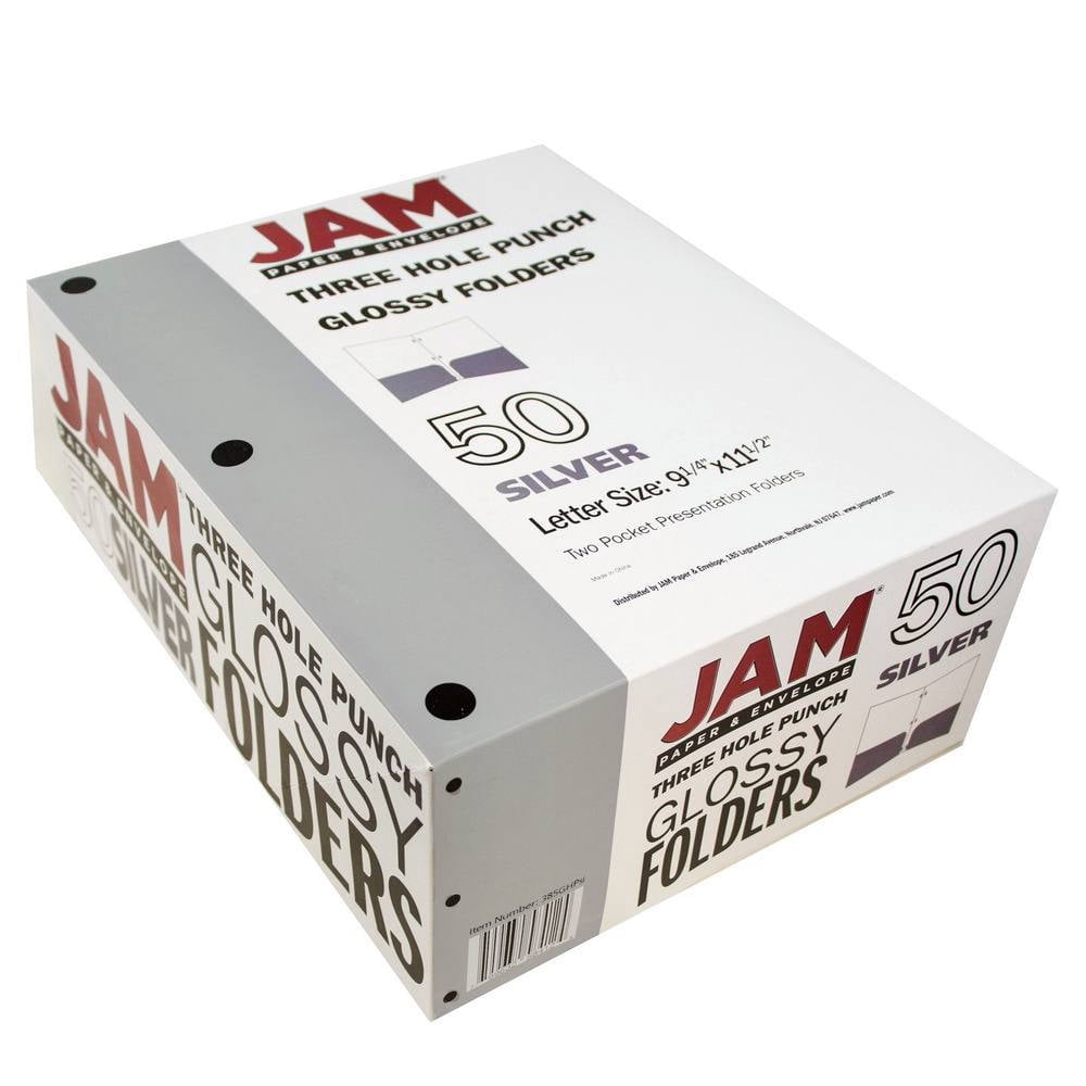 JAM Paper Glossy 3 Hole Punch Folders, Silver, 50/Pack