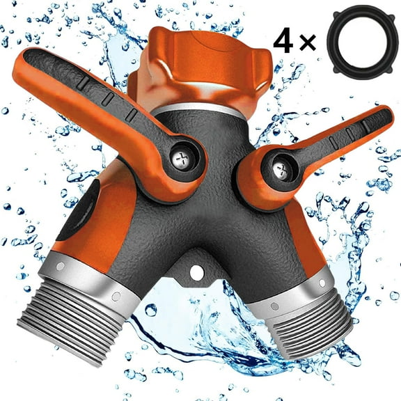 LCHOME Hose Splitter 2 Way, Heavy Duty Metal Connector, Two Way Garden Hose Splitter, High Flow  Spigot Faucet Bib Adapter, Solid Double Y Shut Off Valve for Outdoor Gardening Hoses, Orange