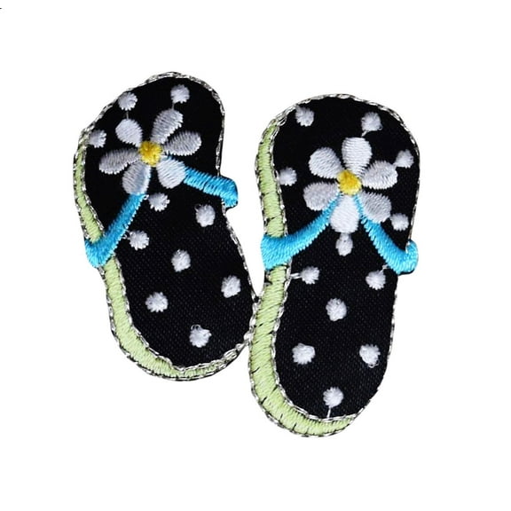 Flip Flops - Black/White - Daisy Flower - Iron On Applique/Embroidered Patch