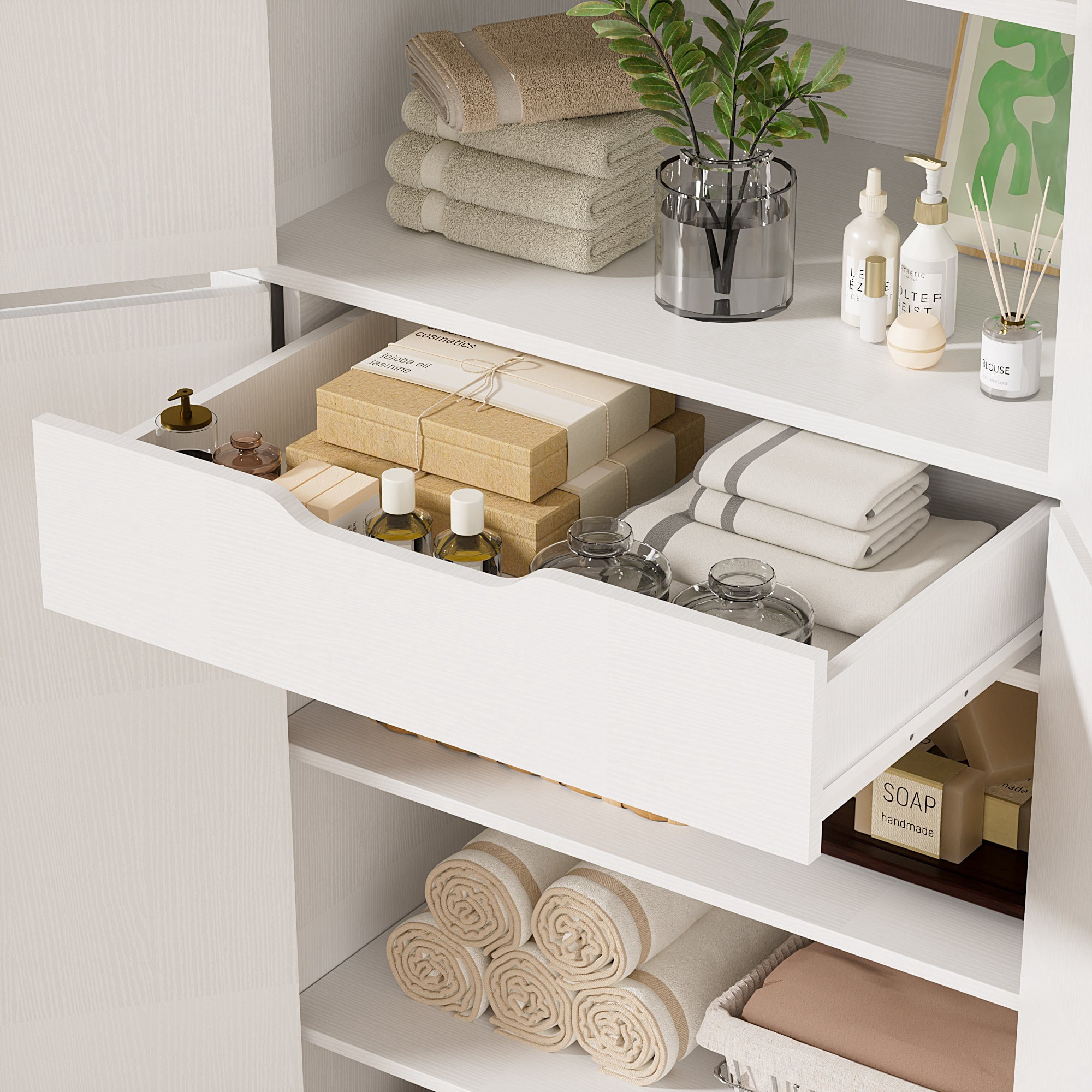 Homieasy 71'' Tall Farmhouse Bathroom Storage Cabinet, 7-Tier Linen Cabinet with Drawer & Adjustable Shelves, White