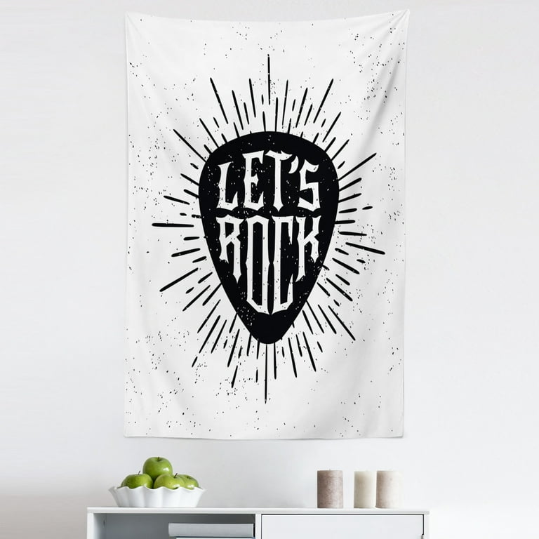 Rock Music Tapestry Lets Rock Words Monochrome Arrangement Hipster Design Lines and Dots Pattern Fabric Wall Hanging Decor for Bedroom Living Room