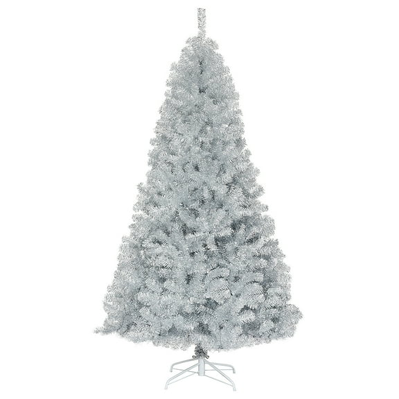 Costway 7.5Ft Hinged Unlit Artificial Silver Tinsel Christmas Tree Holiday w/Metal Stand