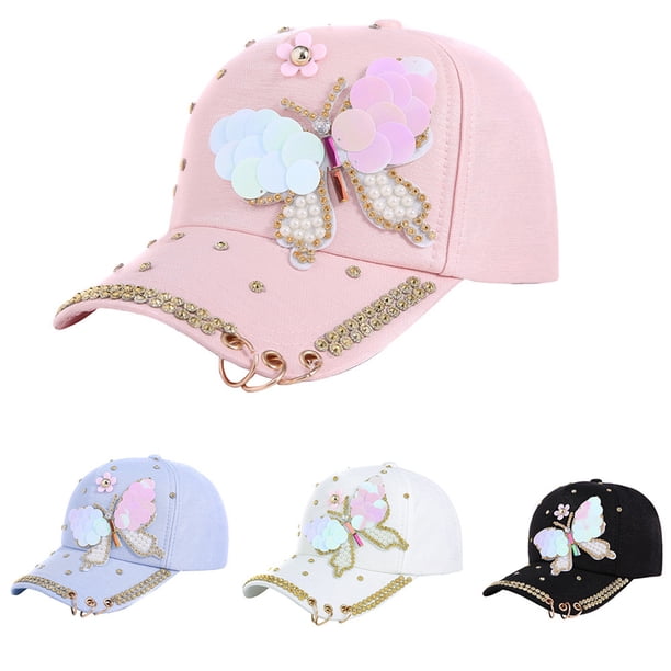 Women's Butterfly Flower Sequined Embroidered Baseball Cap - Adjustable Trucker Hat In Yellow