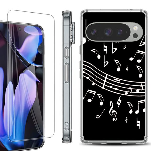 For Google Pixel 9 Pro XL Phone Case Cover, Shockproof Bumper Case with Tempered Glass Screen Protector, by OneToughShield - Music Notes / Black